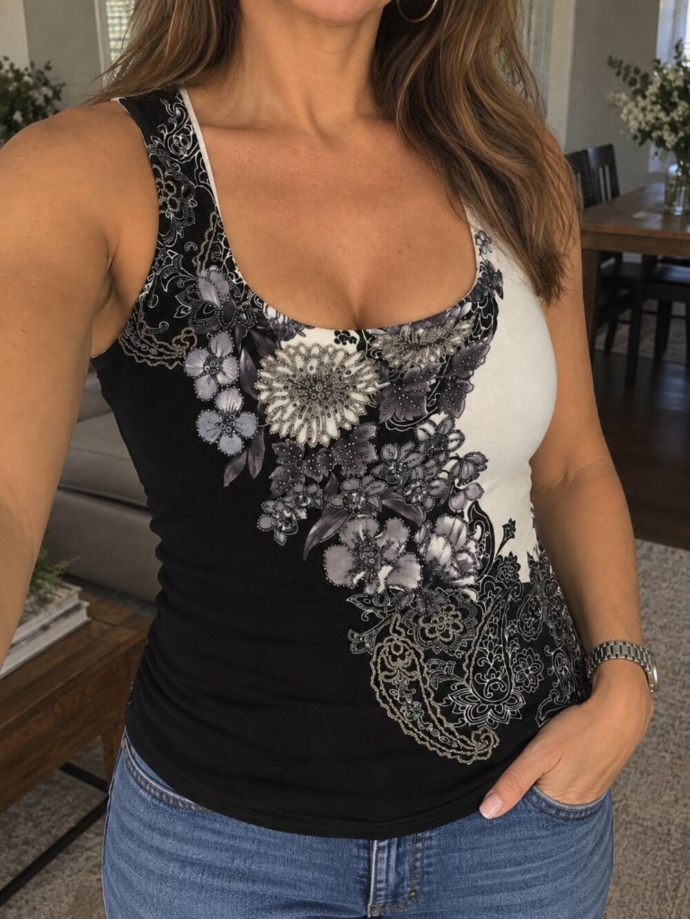 Alberto Makali Beaded Sleeveless Floral Top